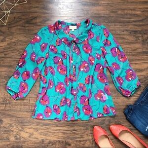ModCloth • Jade Floral poppy print Peter Pan collar blouse chiffon bow tie neck